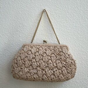 Vintage Woven Straw Clutch Purse Cream Boho Summer Bag Chain Strap